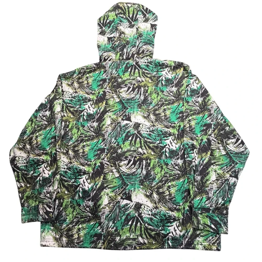 Vtg 80s Surf Jacket Mens L Green Tropical Palm Leaf Print Full Zip Japanese Hood
